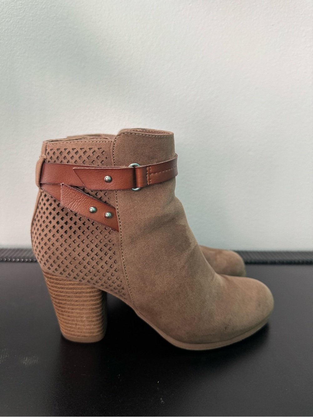 Women’s Taupe Suede Ankle Boot with Brown Strap